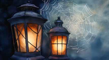 Watercolor Illustration of Two Lanterns with Cobwebs for Halloween and Fall Decorations