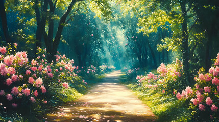 Wall Mural - Sunlit Forest Path with Pink Flowers