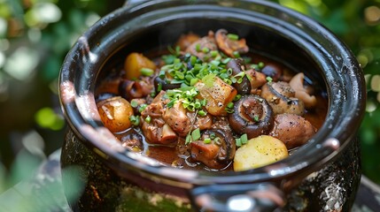 Wall Mural - In an outdoor setting a traditional coq au vin stew includes juicy chicken mushrooms and potatoes topped with new spices