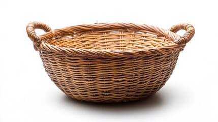 Wicker basket with two handles on a white background.