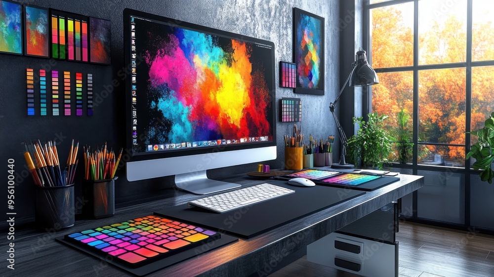 Modern graphic designer desk with computer displaying colorful digital ...