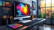 © photolas - Modern graphic designer desk with computer displaying colorful digital art software, creative design tools and color palette in an cozy office setting