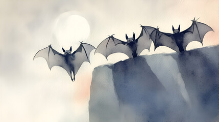 Wall Mural - Watercolor Bats Flying at Dusk - Perfect for Halloween Decor