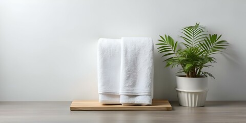 A clean and minimalist bathroom still life featuring two white towels folded on a wooden shelf.