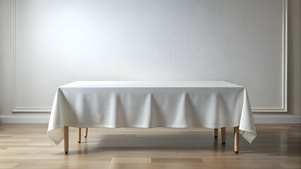 Wall Mural - A clean and minimalist mockup featuring a white tablecloth on a table with wooden legs against a white wall.