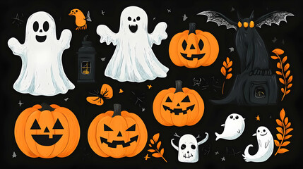 Wall Mural - Cute Halloween Illustration with Pumpkins Ghosts and Bats