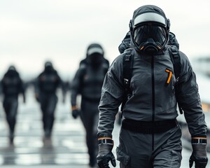 A group of soldiers in protective gear and gas masks walk in formation.  The soldier in the foreground wears a yellow and black ribbon on his arm.