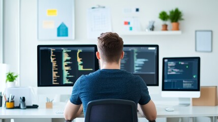 A programmer working on code at his computer in a home office.  He is focused on his work.