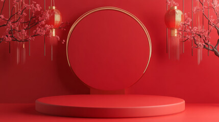 Wall Mural - a circular podium on a red background, Chinese New Year Elements, celebration, holiday background