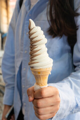 Wall Mural - Hand holding a soft serve ice cream cone with vanilla and chocolate twist.