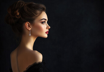 Canvas Print - A beautiful woman in a black dress, with her back to the camera and her hair behind her