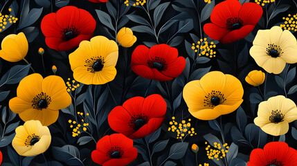 Poster - Red and Yellow Flowers Seamless Pattern Floral Design Botanical Illustration Nature Wallpaper