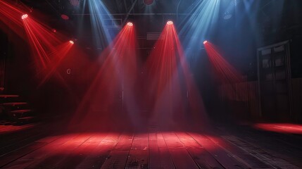 Wall Mural - Empty stage with spotlight beams illuminating a wooden floor, dark background.