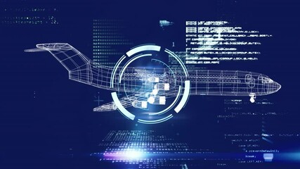 Wireframe airplane and digital code, futuristic technology animation