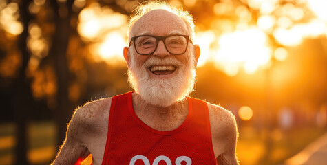 Wall Mural - A smiling senior man running in a race, wearing a red tank top and white glasses 