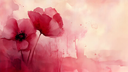 Poster - Watercolor Red Poppy Flowers on Pink Background