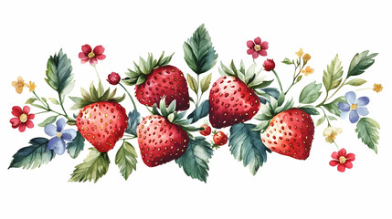 Wall Mural - Watercolor Strawberry Bouquet with Flowers