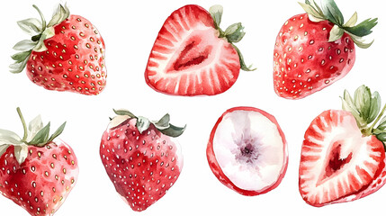 Wall Mural - Watercolor Strawberries Illustration Red Fruit Summer Berries Fresh Food Organic