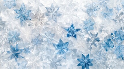 Aufkleber - Delicate snowflakes in various shapes and shades of blue create a serene winter ambiance against a light background. Generative AI