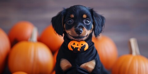 Adorable Puppy in Black Halloween Costume with Pumpkin: Festive Pet Portrait for Holiday Marketing, NFT Art, and Apparel Design. Cute Animal Celebration Embracing Cultural Diversity and Freedom in Hig