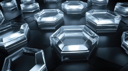 A 3D render of abstract glass octagons, each glowing from within, arranged in a futuristic geometric pattern against a dark background