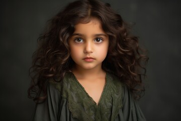 Wall Mural - A young girl with long brown hair is wearing a green dress