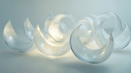 Wall Mural - A cluster of transparent glass crescents with soft internal glows, arranged symmetrically in an abstract design