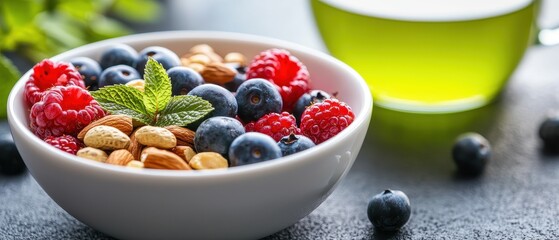 Fresh and healthy bowl filled with berries, nuts, and mint, alongside a cup of green tea, perfect for a nutritious snack.