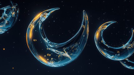 Canvas Print - Floating glass crescents with glowing cores, creating an abstract, luminous crescent moon design in a dark space