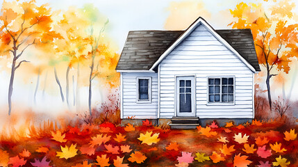 Canvas Print - Watercolor Painting of a White Cottage in Autumn with Red and Yellow Leaves