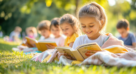 Poster - A group of children sitting on the grass in an outdoor park, reading books and learning together with their teacher