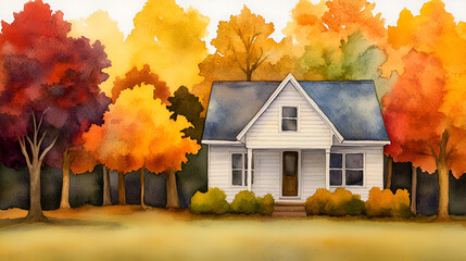 Canvas Print - Cozy White Cottage Nestled in Vibrant Autumn Foliage - Perfect for Your Fall Designs!