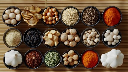 Wall Mural - Assorted Asian Spices and Seasonings Neatly Arranged on Bamboo Mat