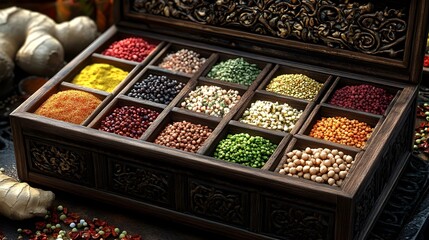 Wall Mural - Assorted Asian Spices in Organized Spice Box Composition