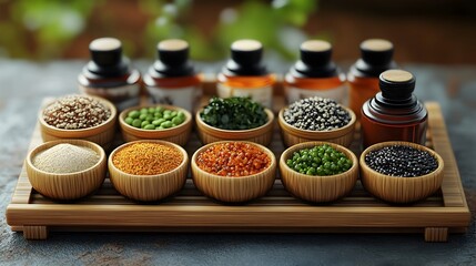 Wall Mural - Assorted Japanese Spices and Condiments Arranged on Bamboo Tray