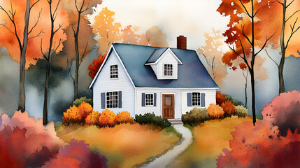 Poster - Charming Watercolor Cottage in Autumn - Perfect for Home Decor and Greeting Cards