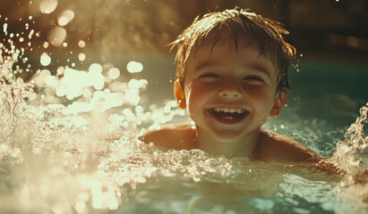 Wall Mural - A happy child splashes and plays in the water of an outdoor swimming pool, smiling brightly as they glide through the clear blue waters