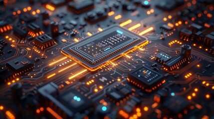 3D rendering of a futuristic circuit board with glowing lights and cyberpunk-style elements. Digital technology background with blue, orange, and black colors. 