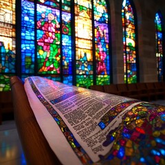 Poster - A  scroll  with colorful writing lies in front of stained glass windows.