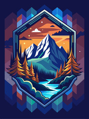 Wall Mural - Mountain Range with River at Sunset Framed by Abstract Geometric Design