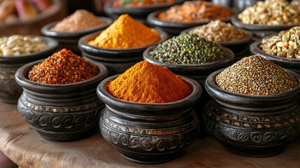 Wall Mural - Assorted Traditional Ethiopian Spices for Kitfo Displayed in Small Bowls