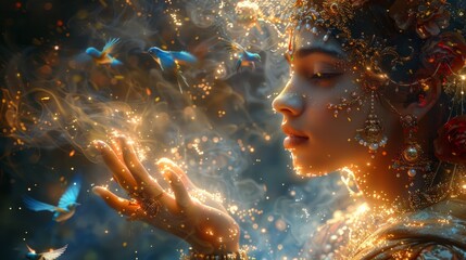 A digital painting of Lord Krishna with his hand outstretched, surrounded by glowing celestial birds and ethereal light effects. 