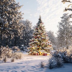 Poster - A beautifully decorated Christmas tree stands tall in a snowy forest, bathed in the warm glow of fairy lights.