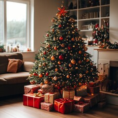 Sticker - A beautifully decorated Christmas tree with presents underneath, standing in a living room with a fireplace.