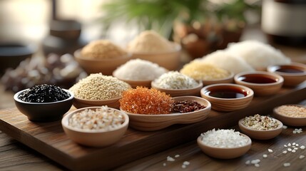 Wall Mural - Authentic Japanese Seasonings Arranged on Wooden Board for Savory Cuisine