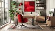 © sablengjago - Modern home office with a red chair, a wooden desk, a laptop, and a large window.