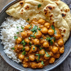 Sticker - A bowl of chickpea curry with rice and naan bread.