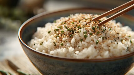 Wall Mural - Close up of Furikake Mixed into Steamed Rice Bowl with Chopsticks Ready to Serve