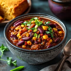 Canvas Print - A bowl of chili with corn, beans, and meat topped with chopped green onions.