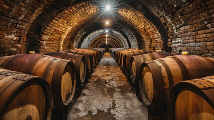 Rows of wooden barrels in an old brick wine cellar, illuminated by soft light, with a damp, earthen floor.